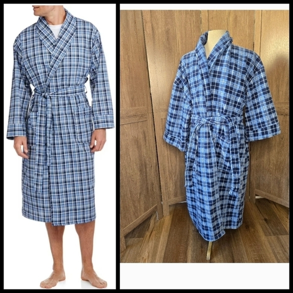 Mens plaid blue white geometric pattern robe one size - Picture 1 of 8
